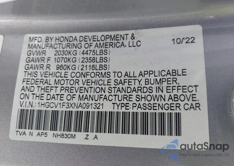 2022 Honda Accord Sport from USA, damaged, VIN 1HGCV1F3XNA091321